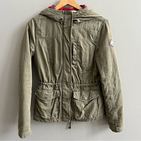 Hollister Olive Green Anorak Jacket Flannel-Lined Coat Small Red Plaid Lining - Picture 1 of 10